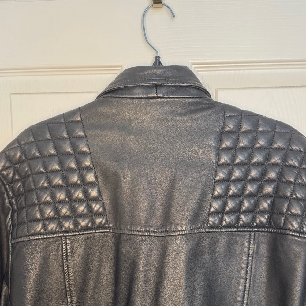 All Saints Mens Black Leather Biker Jacket with Quilted Shoulders - Picture 13 of 15